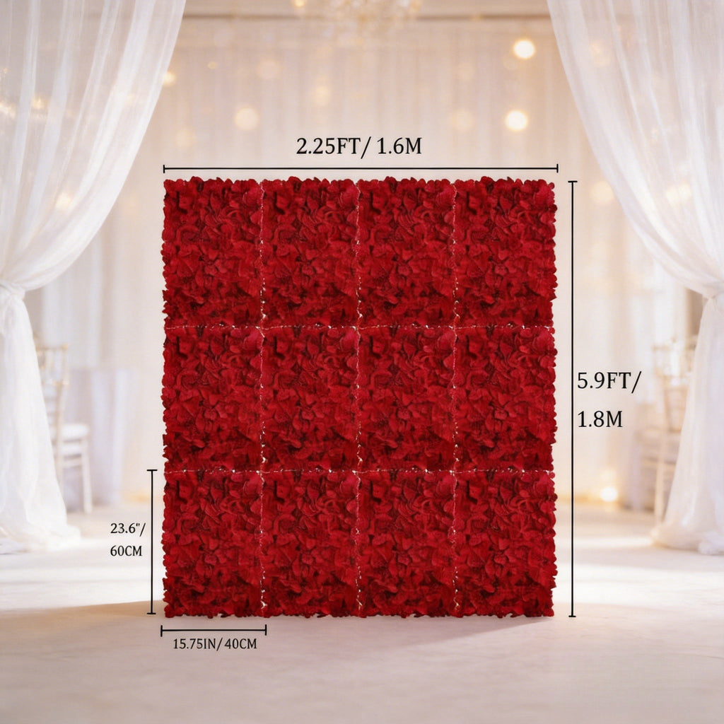12pcs Flower Wall Panel Backdrop- 24 X 16 Inch Red Wall Decor Artificial Hydrangea Floral Panels for Wedding Party Baby Bridal Shower Christmas Wall Decor- 3D Fake Flower Backdrop Decoration