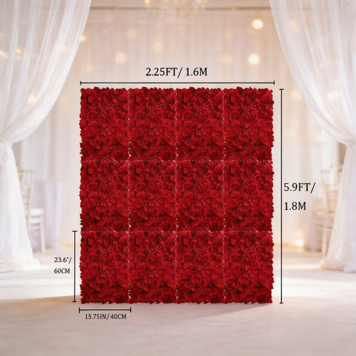 12pcs Flower Wall Panel Backdrop- 24 X 16 Inch Red Wall Decor Artificial Hydrangea Floral Panels for Wedding Party Baby Bridal Shower Christmas Wall Decor- 3D Fake Flower Backdrop Decoration