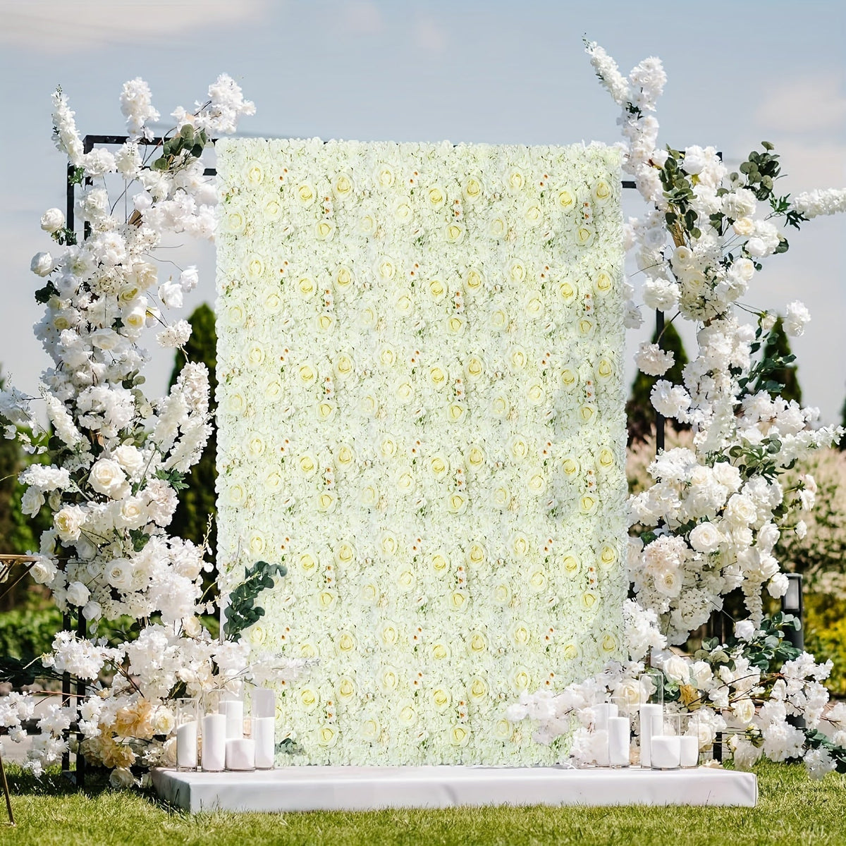 6pcs Artificial White Roses Wall Decor, 15x15 Inch Polyester Flower Panels Backdrops for Wedding, Bridal Shower, Birthday, Anniversary, Seasonal Events - No Electricity Needed, Featherless