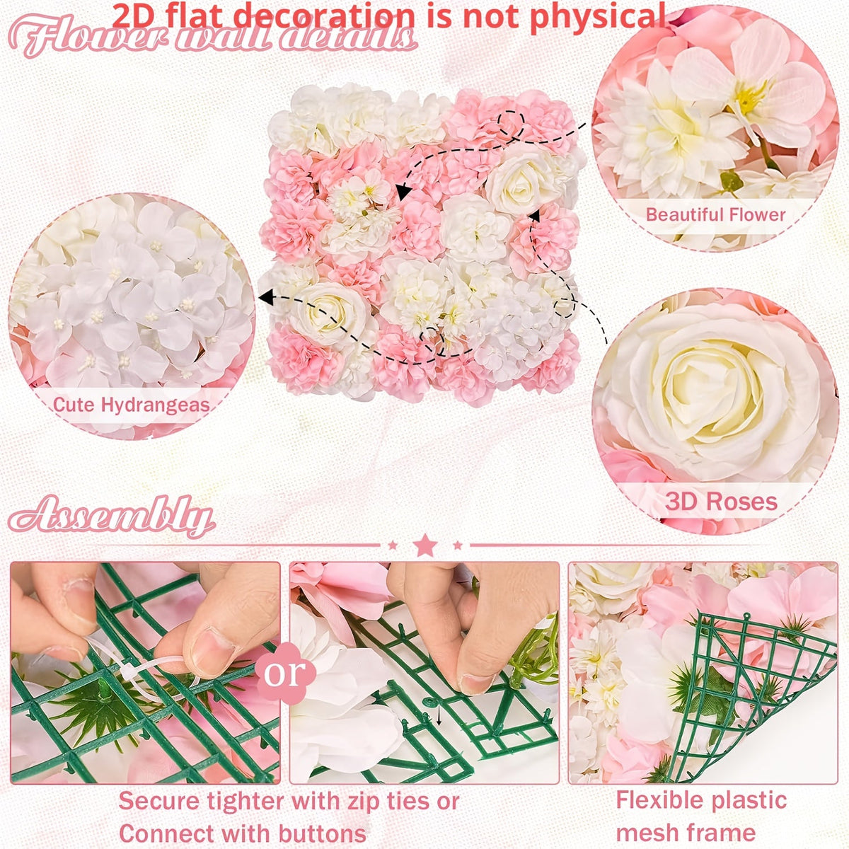 12/24 Packs [2D Flat] & White Artificial Floral Wall Panels with Flower Backdrop Suitable for Wedding, Baby Shower, Baptism Decor - 15x15 Panels for / Parties,, Valentine' Day, Mother' Day - Install, 2D Flat