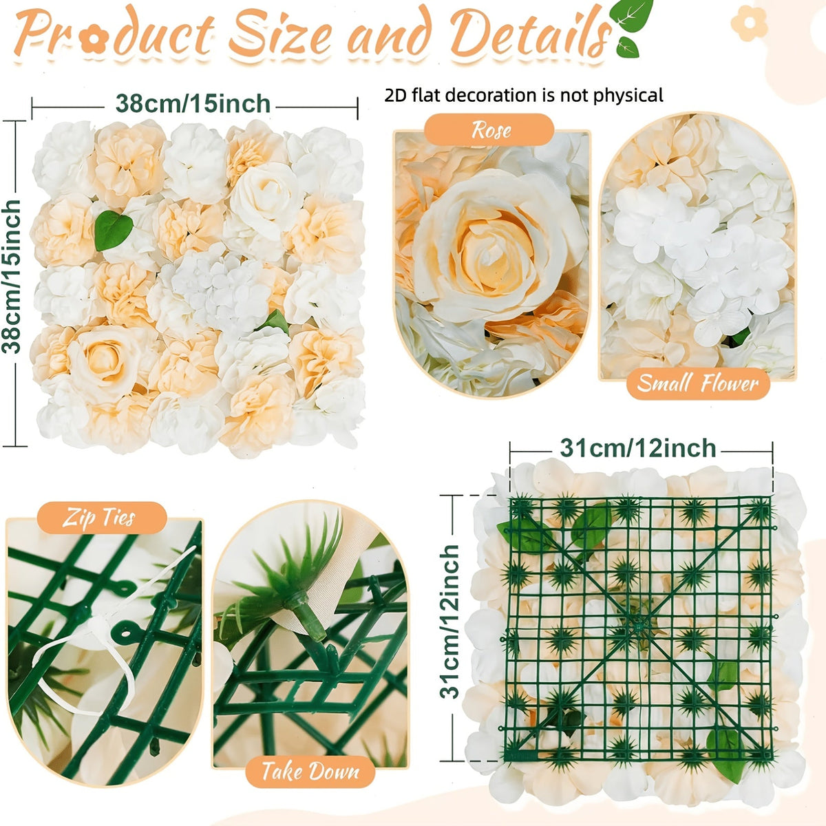 [2D Flat]36/24/12-Pack 15x15 Inch Champagne White Artificial Rose Flower Wall Panels, Interlocking Floral Backdrop Tiles for Large Wedding Stage, Reception, Anniversary, Birthday Party Event Decoration, 2D Flat