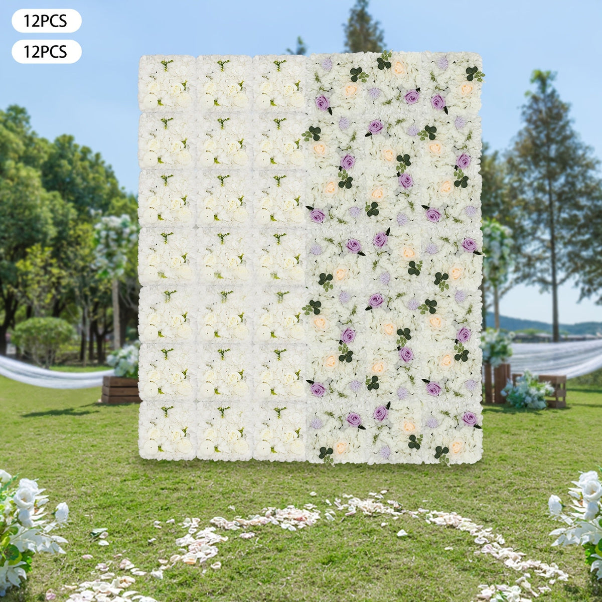 Set of 12 Faux Flower Panels, Ideal for Background Decor Featuring White, Green, And Purple Dahlias, Roses, Chrysanthemums, And Hydrangeas. Perfect for Valentine'S Day And New Year Celebrations