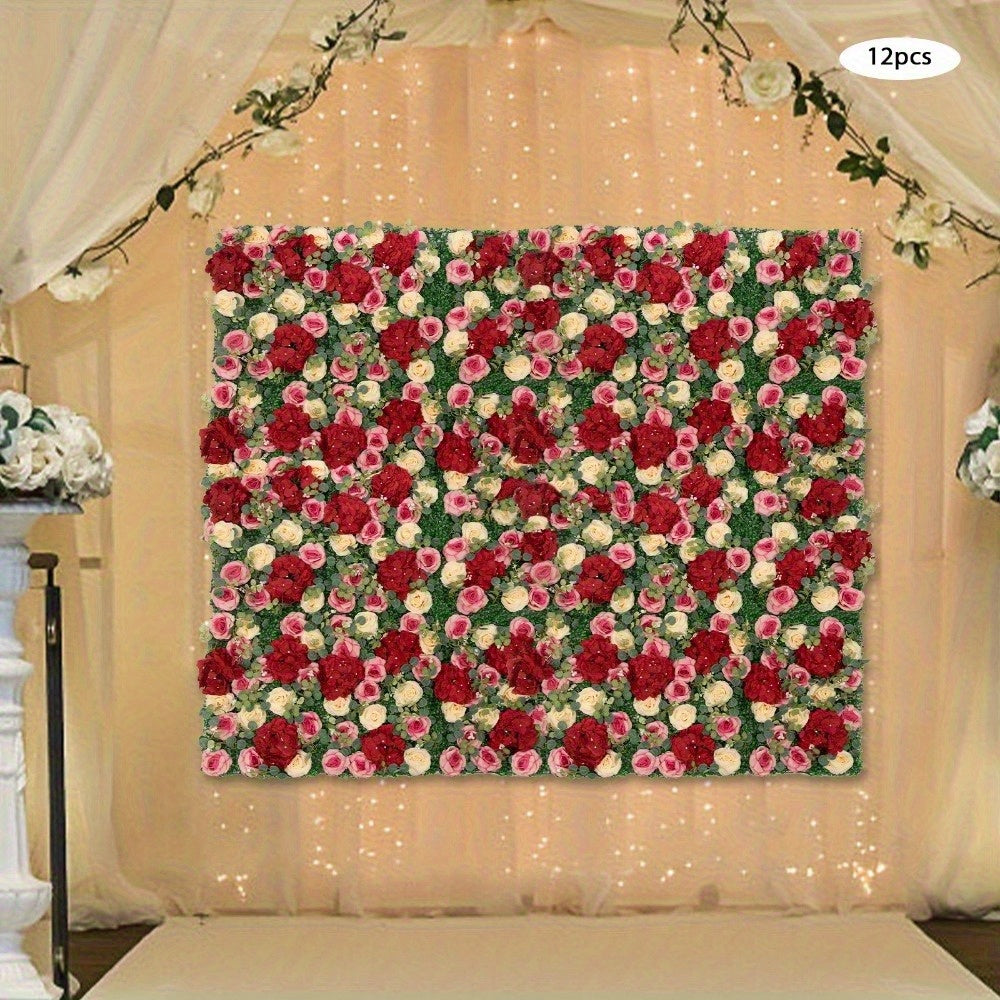 12pcs Artificial Flower Wall Panel Backdrop Wedding Rose Hydrangea Flower Decor