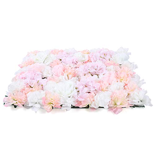 DNYSYSJ Flower Wall 12PCS 23.62"" x 15.75"" x 0.79"" Lifelike Pink & White Hydrangea Artificial Flowers Panel Silk Fabric Floral Wall Mat Rose Flower Wall Backdrop Decors, VUIFGBP4HRP04 - Champagne White Pink / 12 pieces