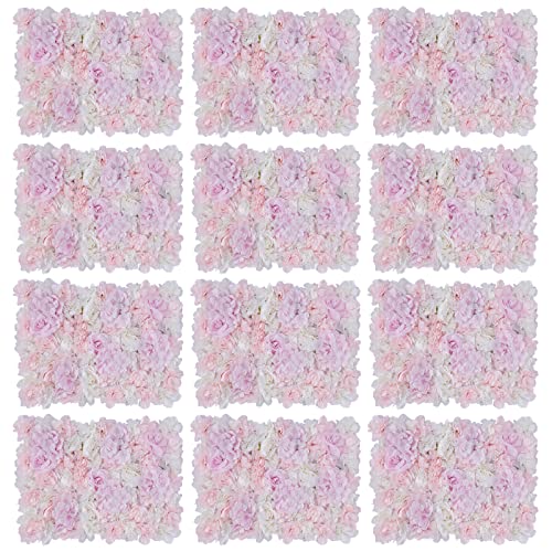 DNYSYSJ Flower Wall 12PCS 23.62"" x 15.75"" x 0.79"" Lifelike Pink & White Hydrangea Artificial Flowers Panel Silk Fabric Floral Wall Mat Rose Flower Wall Backdrop Decors, VUIFGBP4HRP04 - Light Purple and White / 12 pieces