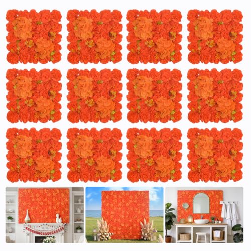 RIDDSEE12pcs Flower Wall Backdrop16.5 x16.5 Artificial Floral Panels-Maroon - Orange / 16.5inch