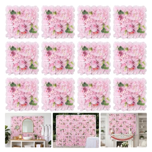 RIDDSEE12pcs Flower Wall Backdrop16.5 x16.5 Artificial Floral Panels-Maroon - Pink and White / 16.5inch