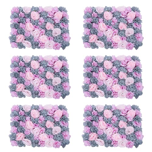 DNYSYSJ Flower Wall 12PCS 23.62"" x 15.75"" x 0.79"" Lifelike Pink & White Hydrangea Artificial Flowers Panel Silk Fabric Floral Wall Mat Rose Flower Wall Backdrop Decors, VUIFGBP4HRP04 - Purple Pink Grey / 6 pieces