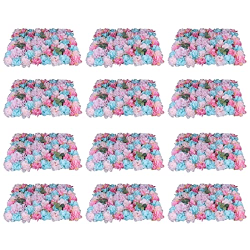 DNYSYSJ Flower Wall 12PCS 23.62"" x 15.75"" x 0.79"" Lifelike Pink & White Hydrangea Artificial Flowers Panel Silk Fabric Floral Wall Mat Rose Flower Wall Backdrop Decors, VUIFGBP4HRP04 - Spring Mix / 12 pieces