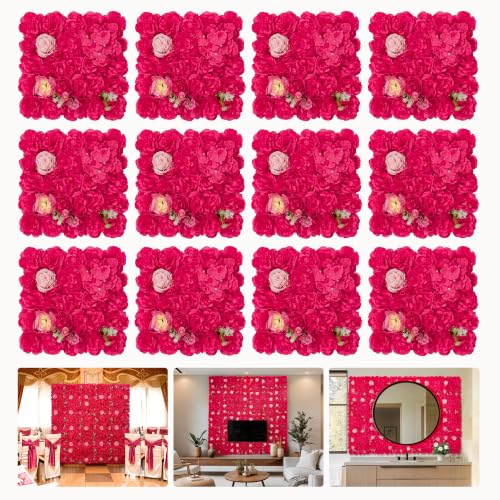 RIDDSEE12pcs Flower Wall Backdrop16.5 x16.5 Artificial Floral Panels-Maroon - Rose Red / 16.5inch