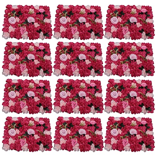 DNYSYSJ Flower Wall 12PCS 23.62"" x 15.75"" x 0.79"" Lifelike Pink & White Hydrangea Artificial Flowers Panel Silk Fabric Floral Wall Mat Rose Flower Wall Backdrop Decors, VUIFGBP4HRP04 - Red Rose Dahlia / 12 pieces