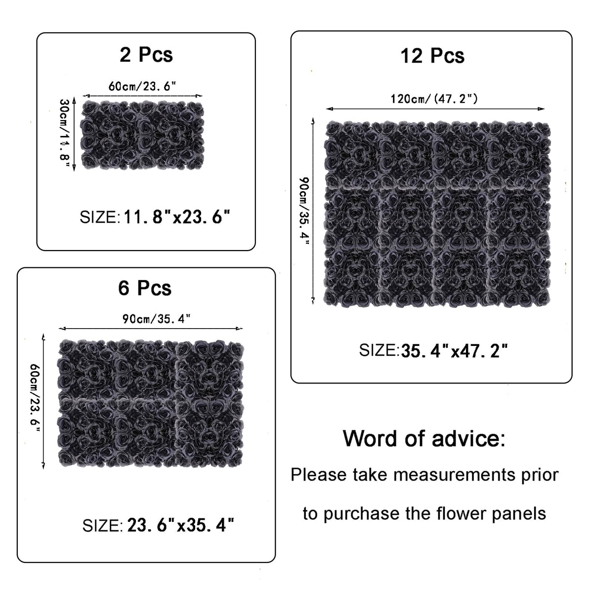 Black Silk Rose Flower Panels Wall, 12 Pcs Artificial Flowers Decoration for Welcome Table, Party, Anniversary, Church Wall, Stage Background, 25x25cm
