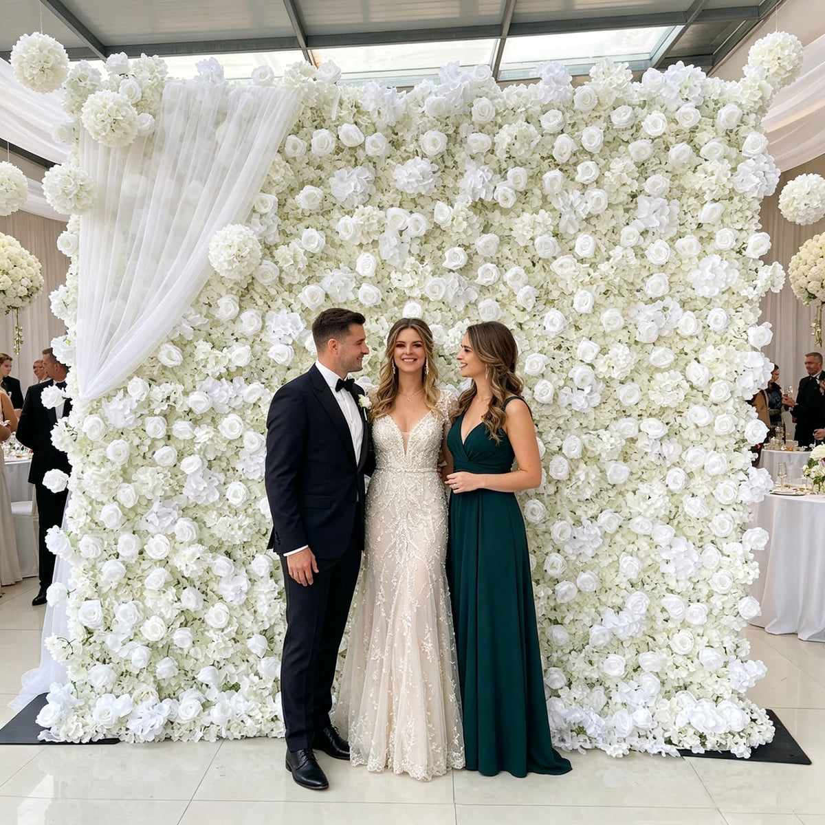 8x8ft 3D Silk Artificial Flowers Wall Backdrop, White Flower Wall, Quick Assembly and Storage, Reusable, Ideal for Weddings, Parties, Photo Booths, and Home Decor(Without Stand)