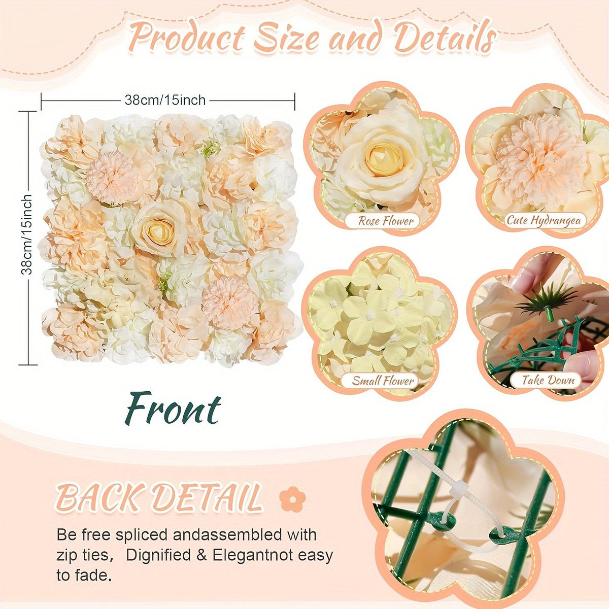 Artificial Flower Wall Champagne White, Artificial Flower Wall Rose, Used For Wedding (12-36pcs) 15x15 Inch, Rayon Flower Wall, Used For Party, Stage Background Decoration(Champagne White)
