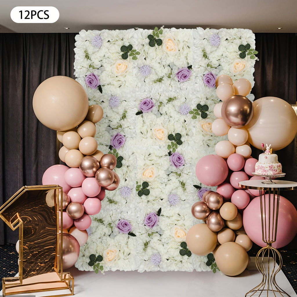 Set of 12 Faux Flower Panels, Ideal for Background Decor Featuring White, Green, And Purple Dahlias, Roses, Chrysanthemums, And Hydrangeas. Perfect for Valentine'S Day And New Year Celebrations