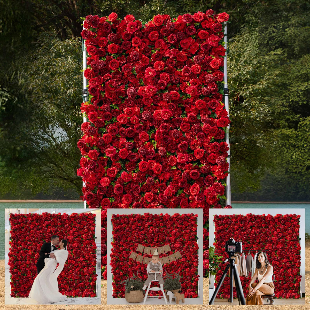 Blush Blooms Decor Flower Panels for Flower Wall (6 Pack) 24 Inch by 16 Inch Each | Flower Wall, Backdrop, Weddings, Event Decor, Bridal & Baby Shower, and Photography Décor (Red)