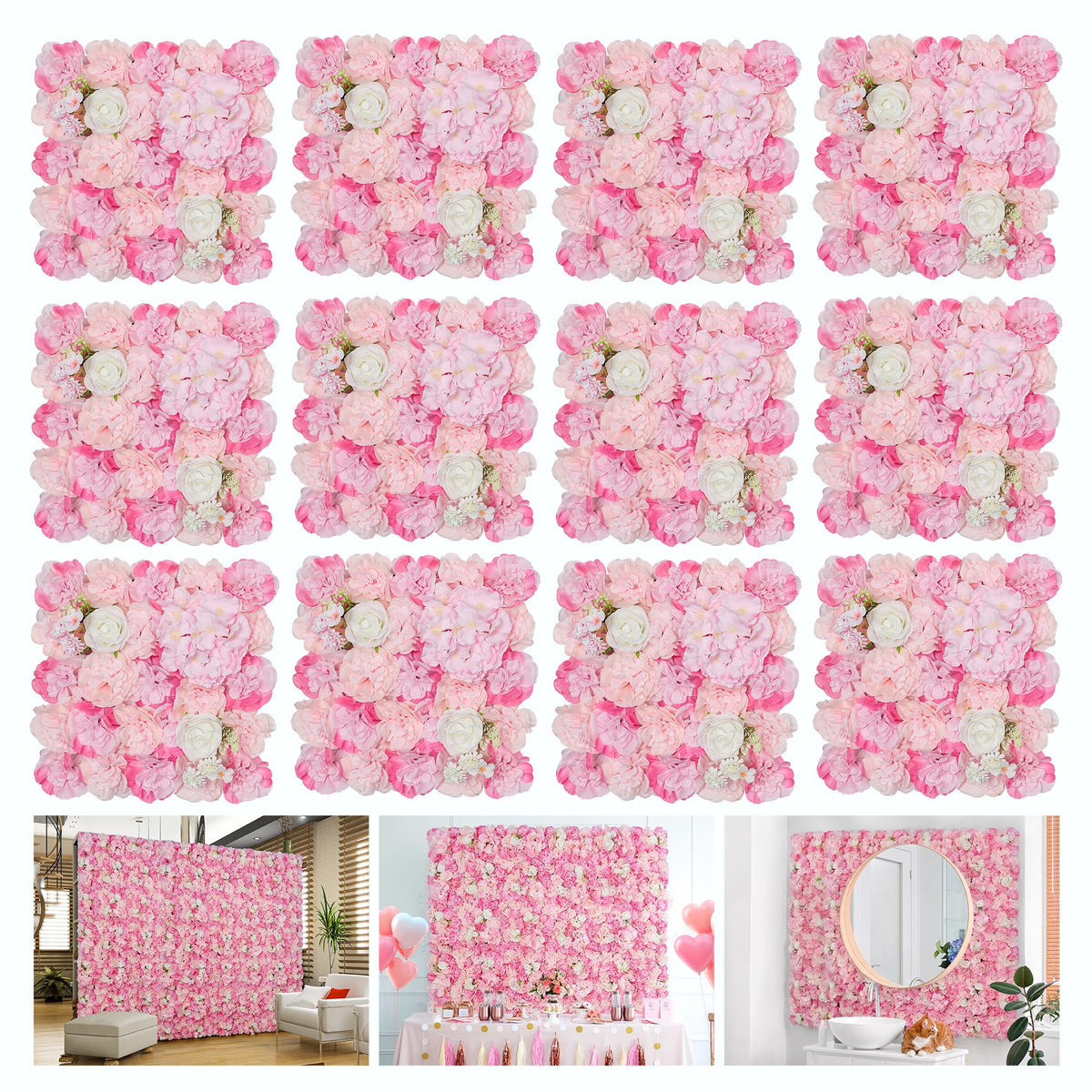 Black Silk Rose Flower Panels Wall, 12 Pcs Artificial Flowers Decoration for Welcome Table, Party, Anniversary, Church Wall, Stage Background, 25x25cm