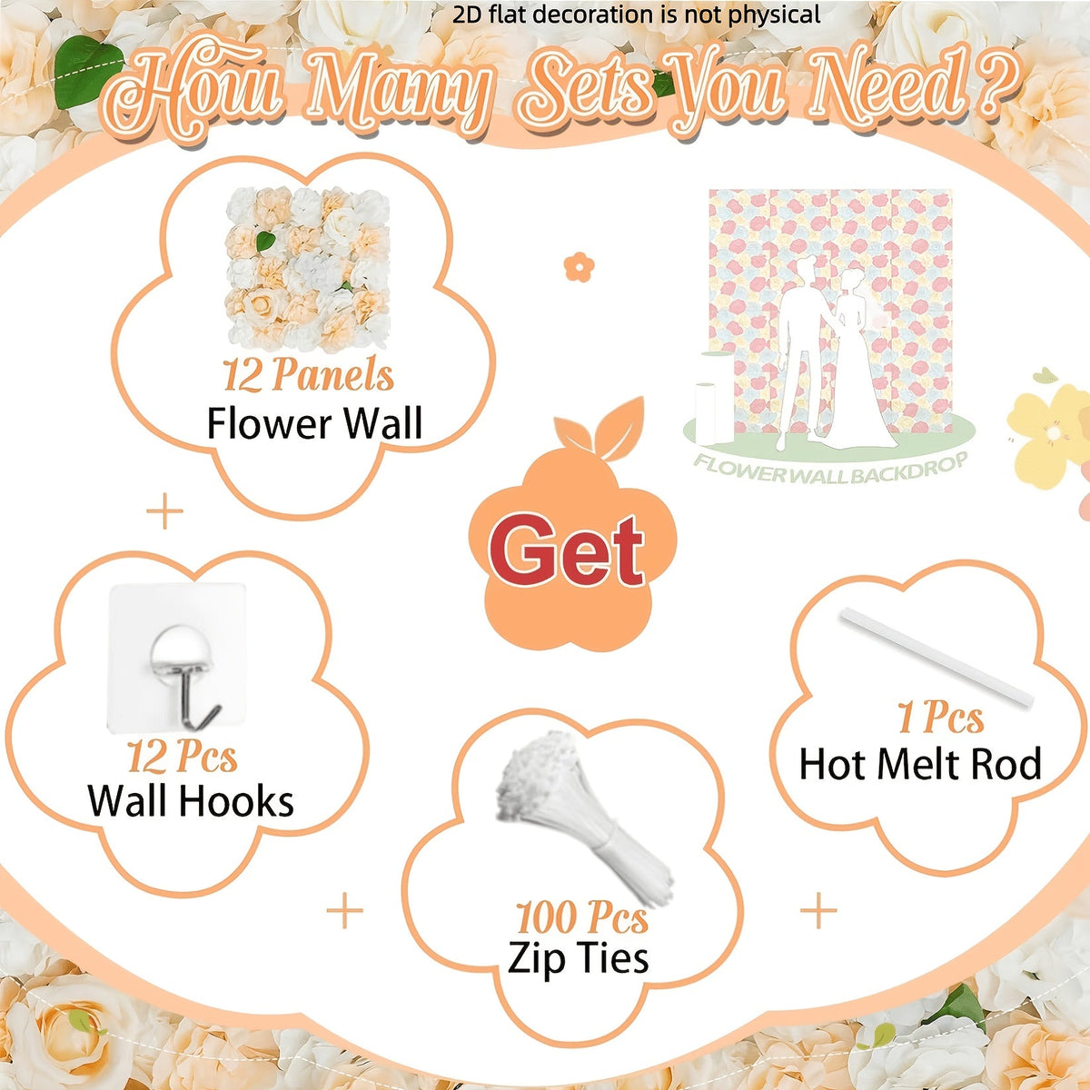 2D Flat, [2D Flat] 24/12/36-Pack 15X15" Champagne White Artificial Flower Wall Backdrop, Rose Panels, Snapping Floral Wall Tiles for Large Wedding Arch Ceremony Stage Backdrop Bridal Shower Decoration