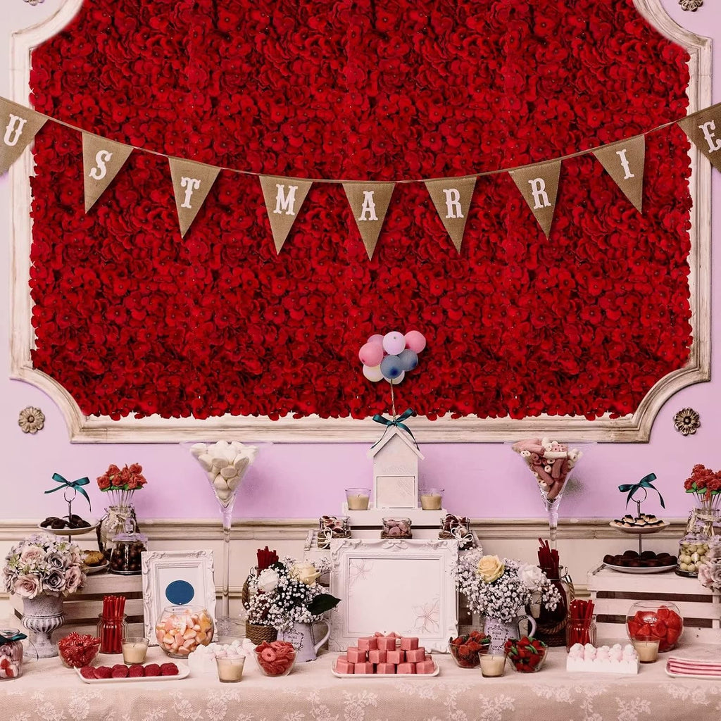 12pcs Flower Wall Panel Backdrop- 24 X 16 Inch Red Wall Decor Artificial Hydrangea Floral Panels for Wedding Party Baby Bridal Shower Christmas Wall Decor- 3D Fake Flower Backdrop Decoration