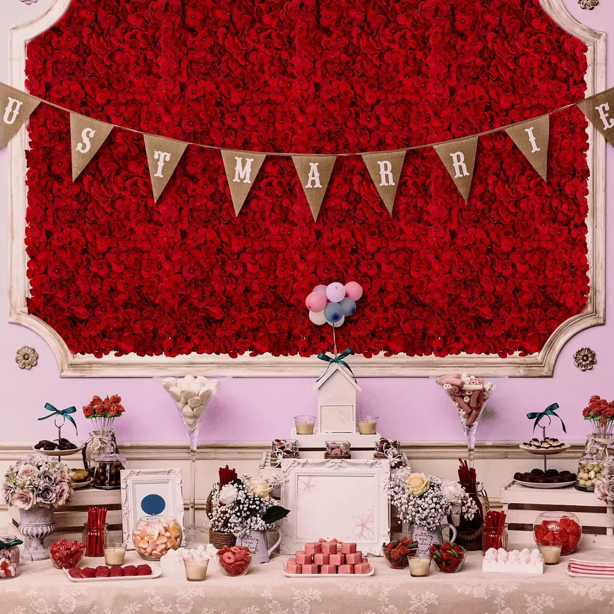 12pcs Flower Wall Panel Backdrop- 24 X 16 Inch Red Wall Decor Artificial Hydrangea Floral Panels for Wedding Party Baby Bridal Shower Christmas Wall Decor- 3D Fake Flower Backdrop Decoration
